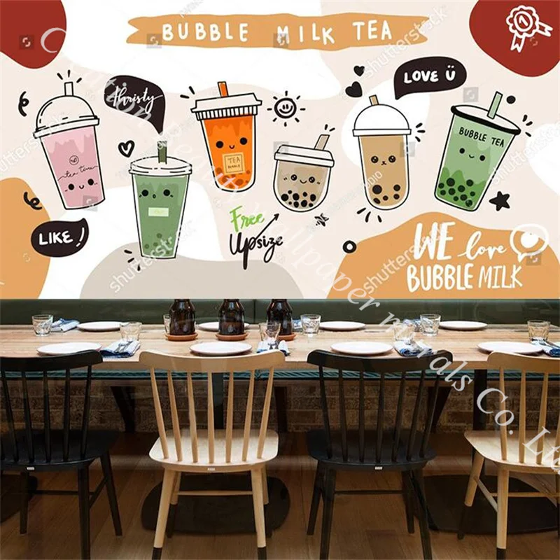 

Doodle Style Bubble Tea Wall Paper Milk Tea Shop Cake Shop Afternoon Tea Restaurant Background Wall Decor Mural Wallpaper 3d