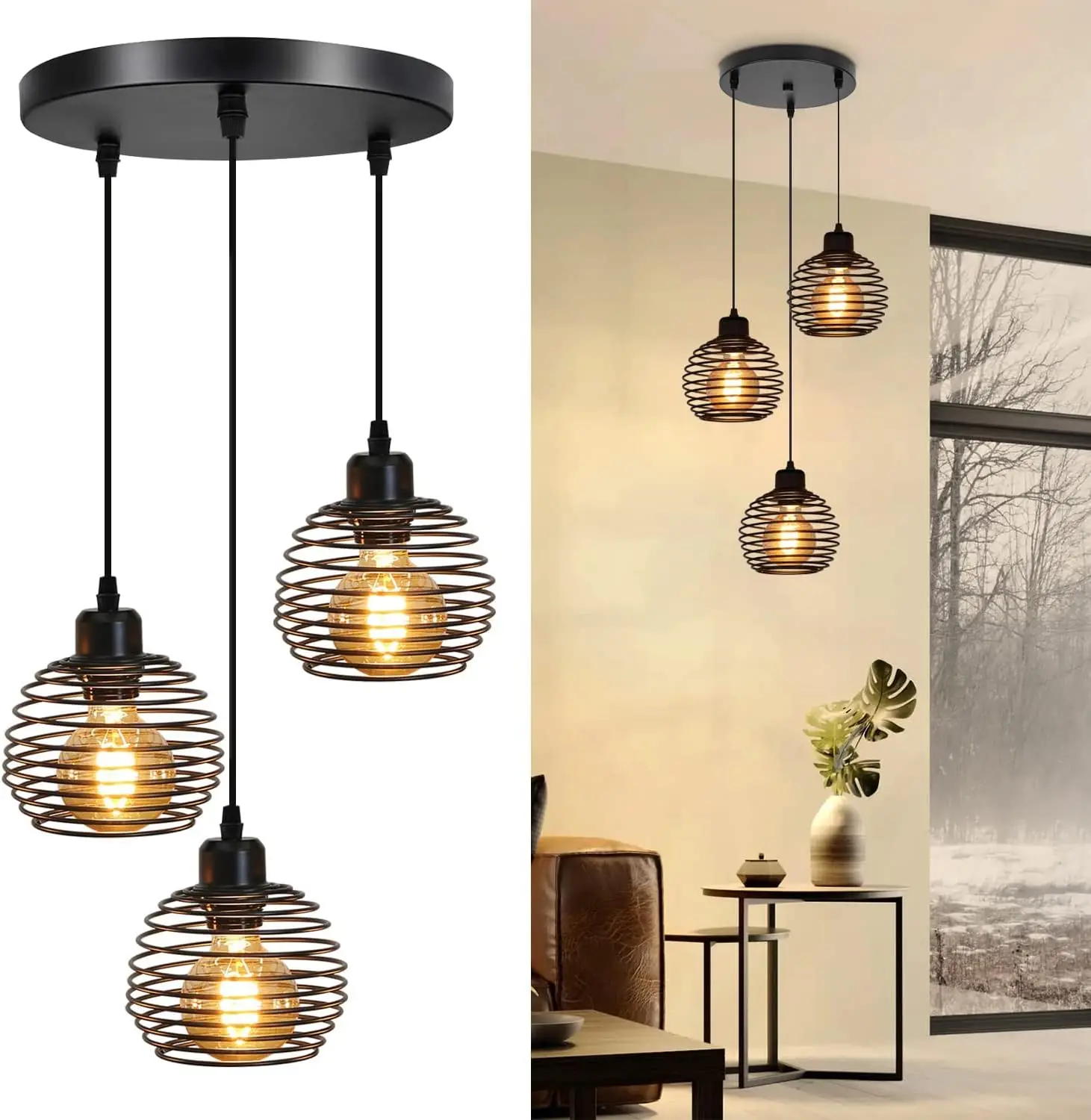 Black Pendant Light Industrial Hanging Light 3 Lights Farmhouse Kitchen Hang Lighting Fixtures with Metal Caged E26 Base,Home