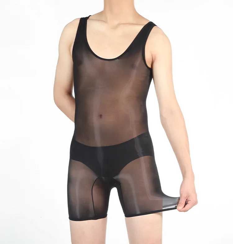 Men Sexy Oil Shiny Bodysuits Glossy Tank Rompers Male See Through Jumpsuits Gay High Stretchy Bodystocking Sex Lingerie