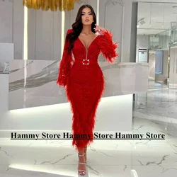 Lace Mermaid Party Dresses for Pageant Customized V Neck Long Sleeves Sequin Applique Feathers Cocktail Eveing Dress Prom Gown