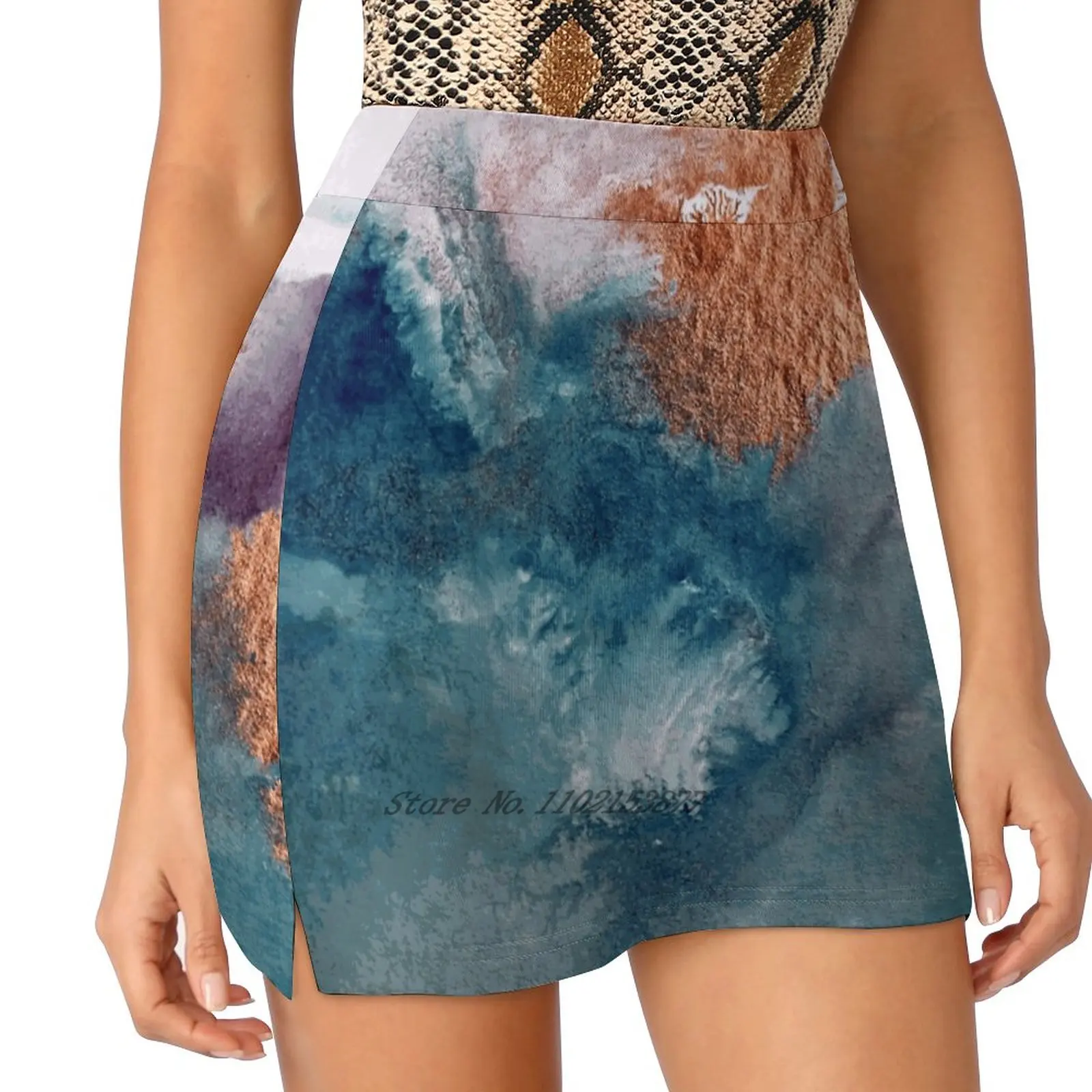 Abstract Birth New Women Skirts Double-Layer Printed Short Dress Mini Sport Skirt Abstract Art Watercolor Blue Indigo Blue