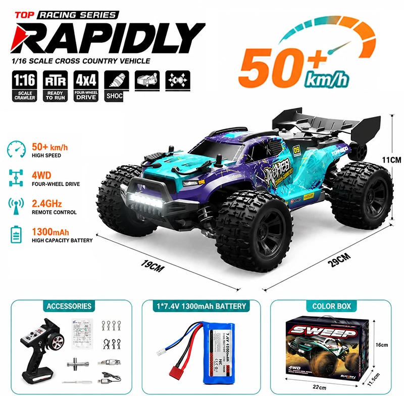 

SCY 1:16 4×4 RC Car 50+KM/H High Speed Off-Road Truck 2.4GHz Remote Control Buggy with LED Light Truck for Kids vs 144001 Toys