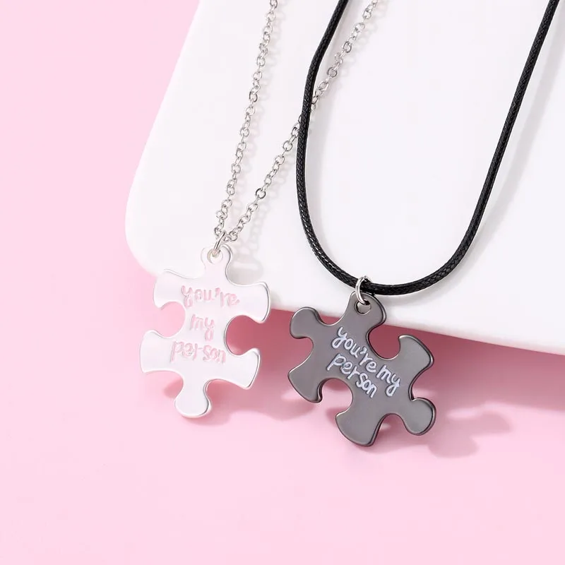 Lovecryst 2Pcs/set Puzzle Letter You Are My Person Alloy Couple Necklace Men and Women Splicing Simple Valentine's Day Gift