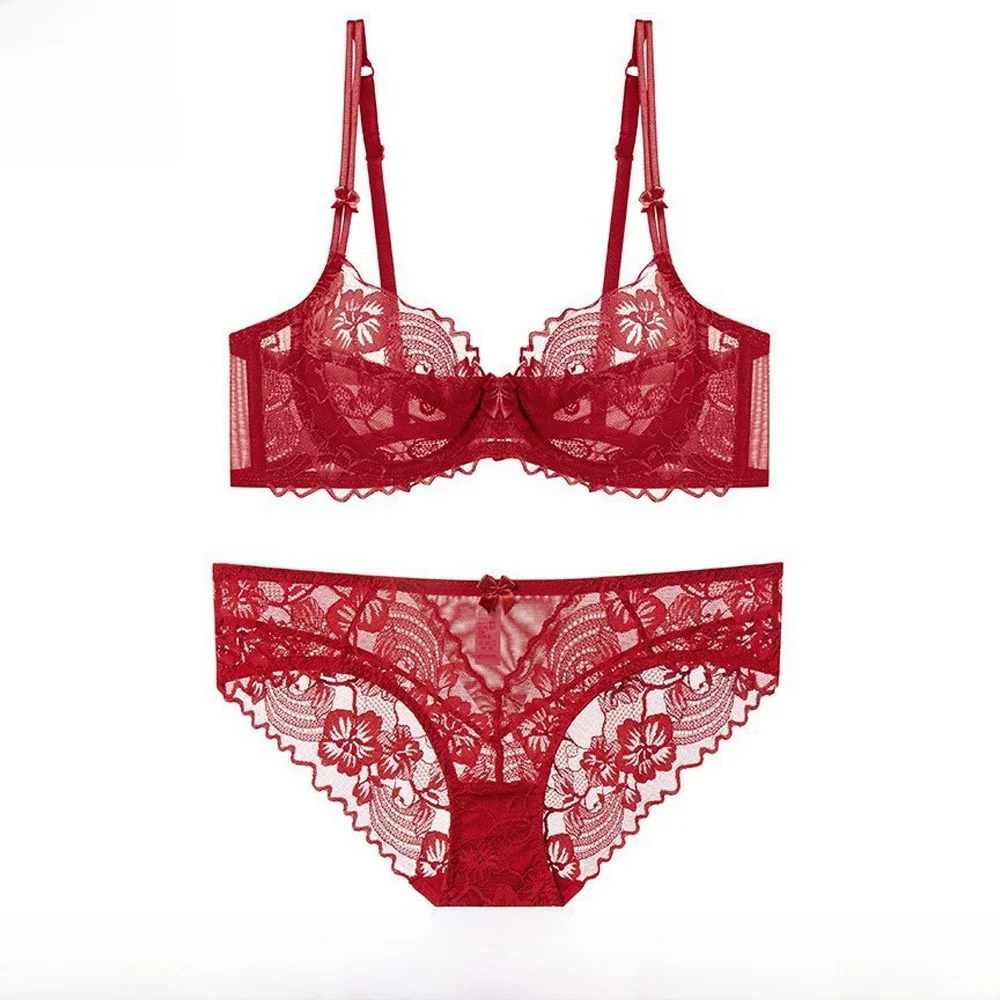 

Wireless Bra And Panties Set Women's Summer Sexy Ultra-Thin Transparent Lace Anti-Sagging Large Size Underwear Ensemble