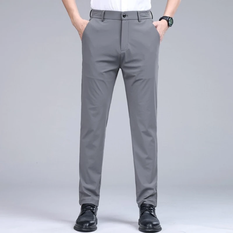 2026 Ultra-thin Quick-drying Ice Silk Slim Elastic Men Casual Trousers Summer Straight Business Solid Color Pants Black Gray