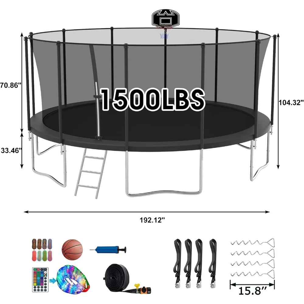 Tranpoline 1500LBS 16 15 14 12 10 8 FT Tranpoline for 7-10 Kids and Adults, Windproof Outdoor Tranpoline with Enclosure Net