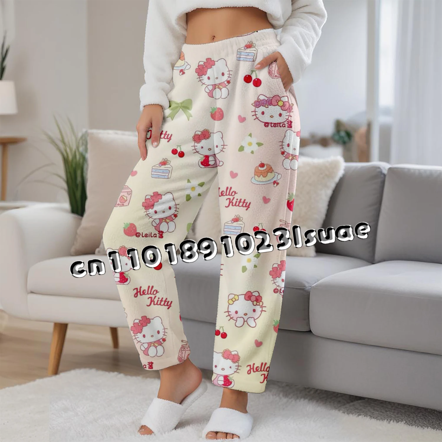 

Hello Kitty Sanrio Flannel Loose Women's Sleepwear Pants Women's Men's Cartoon Sleepwear Casual Clothes Girls Sleep Keep Warm