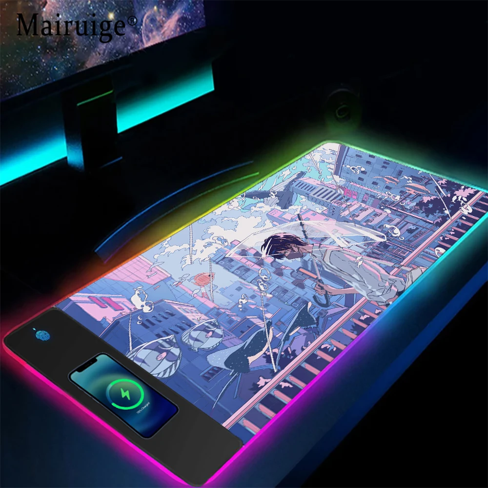 Mairuige Anime Boys Wireless Charging Gaming Mat City Clouds Sky Cityscape Kawai Mouse Pad Rug for Bedroom Desktop Accessories