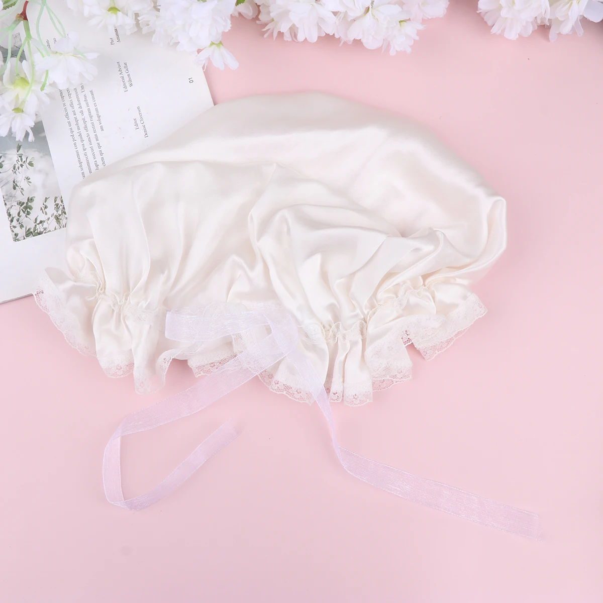 

Silk Sleep Bonnet Women Adjustable White Satin Shower Cap Durable Hair Protection Bath Hat Home Goods
