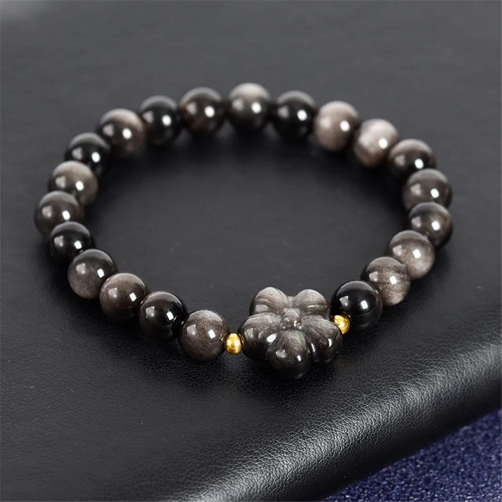 

1pcs 8mm Bracelet Natural Stone Silver Black Obsidian Healing Beads Bangle Stretch Charm Lovers Gift For Jewelry