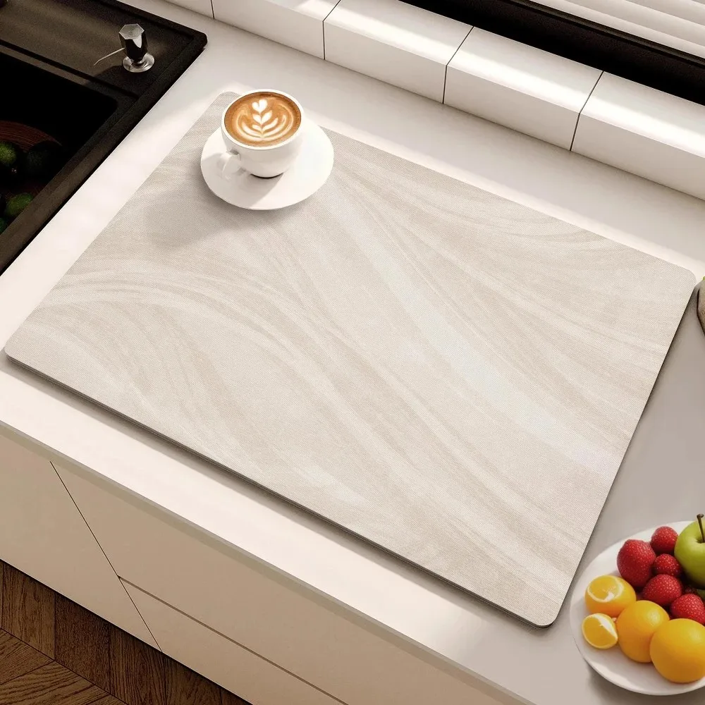 VIKAMA Khaki Liquid Marble Kitchen Drying Mat, Luxury Ins Style Water Absorbent Non‑Slip Countertop Mat