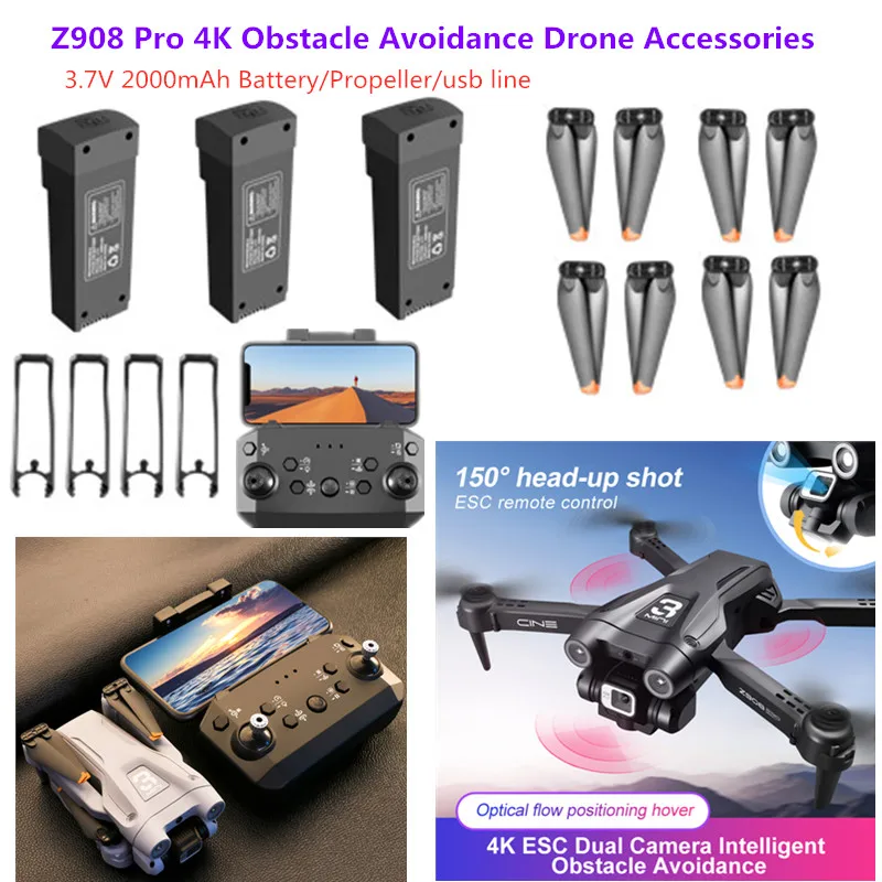 Bateria de 3.7v 2000mah para z908 pro, acessórios para evitar obstáculos z908 pro, hélice de bateria de drone, linha usb z908, peças de drone