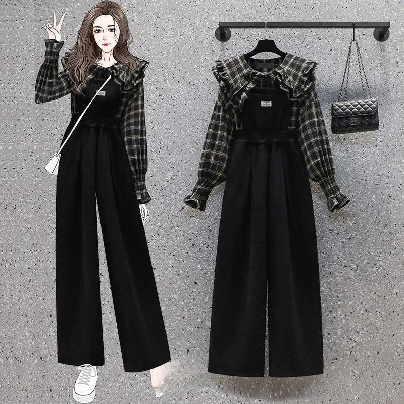 

Осенний клетчатый комплект: рубашка и комбинезон с воротником «кукла», женский модный облегающий ансамбль больших размеров, винтажный стильный комплект