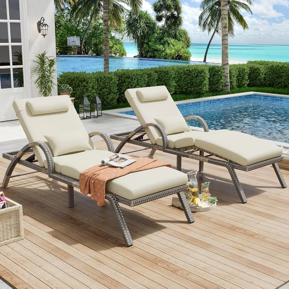 

Outdoor Lounge Chairs Set of 2, Patio Chaise Loungers with Adjustable 5-Position & Leg Support, Wicker Pool Recliners Chair