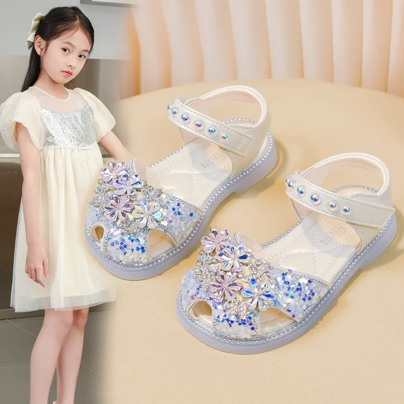 Mumoresip Girls Beach Shoes Shiny Crystal Soft Kids Sandals Non-slip Trendy 2026 Summer New Children Casual Shoes Comfortable