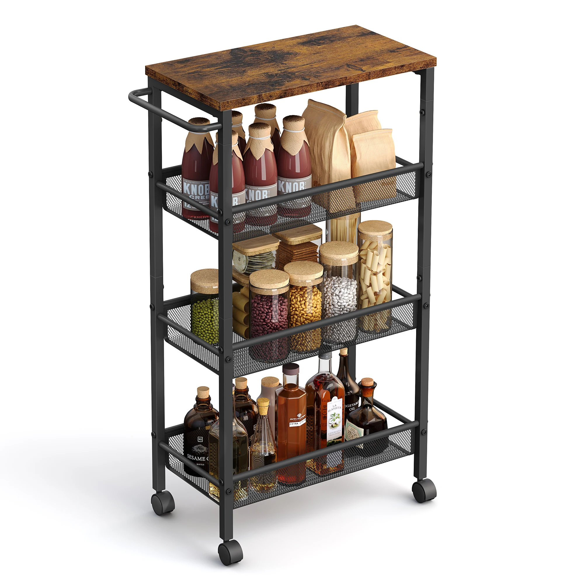 

VASAGLE Slim Rolling Cart, 4-Tier Storage Cart, Narrow Cart with Handle, 8.7 Inches Deep, Metal Frame, for Kitchen, Dining Room