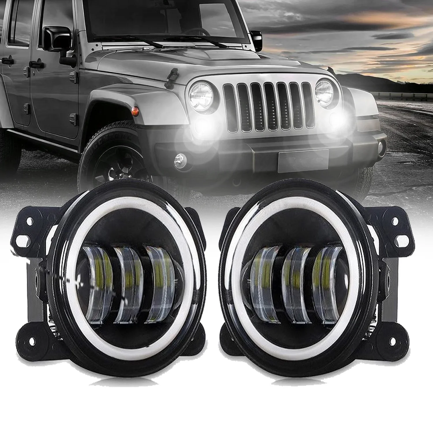 

4inch DRL Angel Eye Light Led Fog Lights Assembly for Jeep Wrangler JK for 2007-2015 Dodge Journey/ Off-Road Turn Signal Lamp