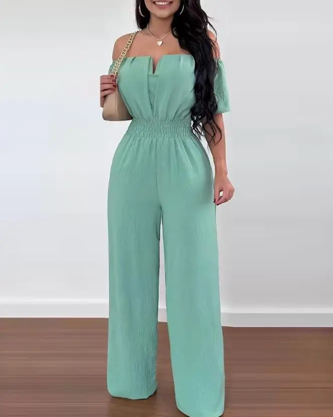 Women\'s Jumpsuit 2024 Summer Fashion Off Shoulder Shirred High Waist Short Sleeve Wide Leg Pants Jumpsuits for Women Overalls