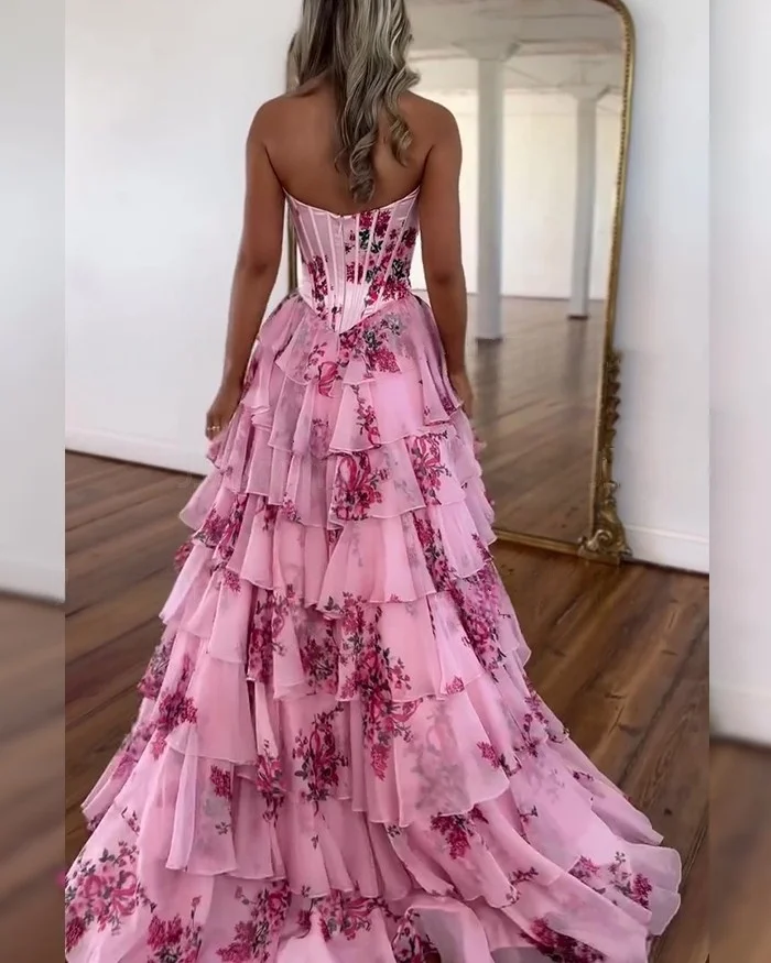 Ruches gelaagde bloemen chiffon galajurk liefje korset a-lijn vetersluiting lange avondjurk split roze verjaardagskleding op maat