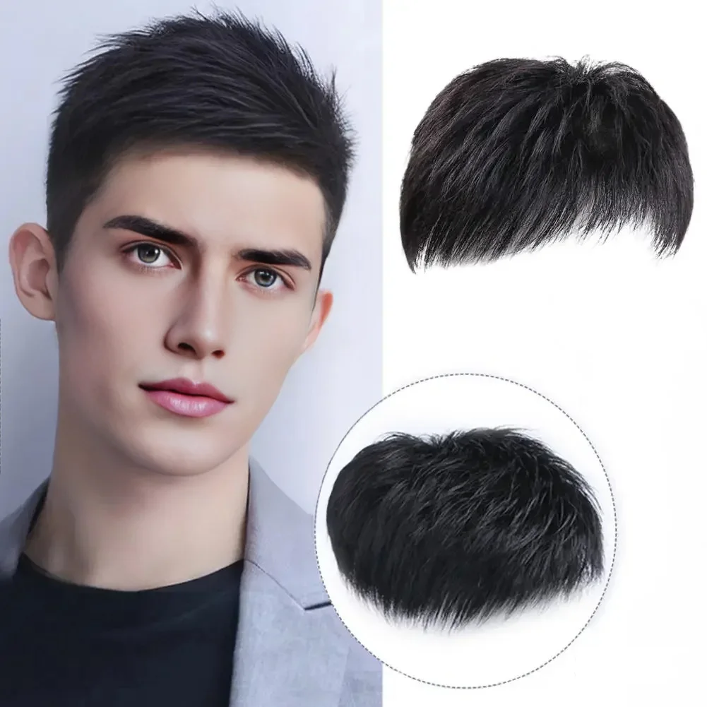 

New Men Natural-looking Short Straight Hairpiece With Bangs Balds Spots Gray Hair Coverage Fiber Male Black Synthetic Hair Wig