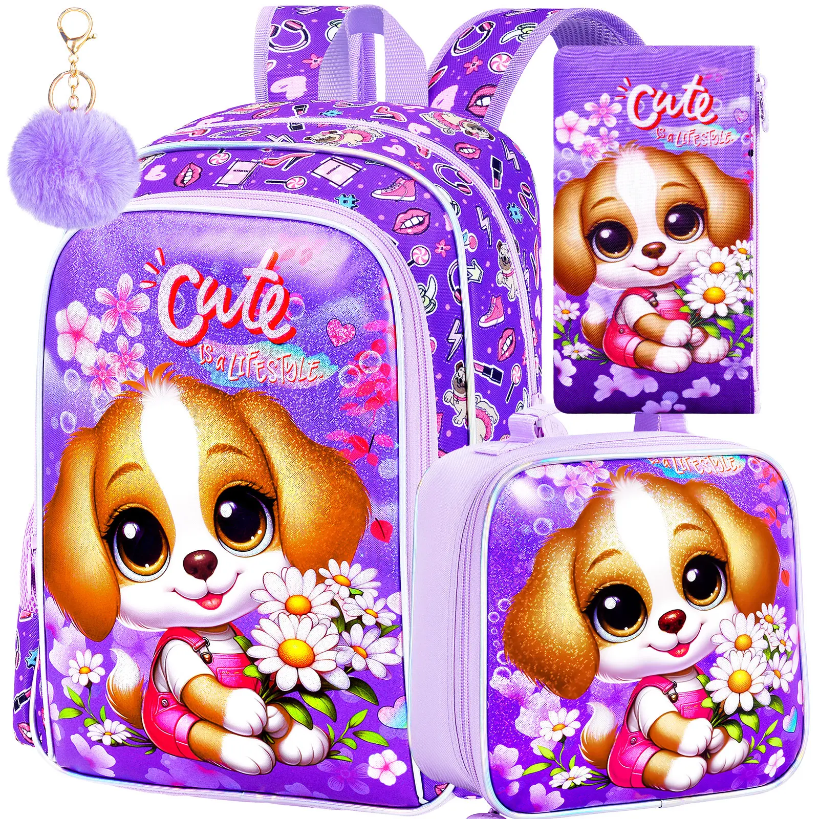 

3PCS Girls Dog Backpack, Water Resistant Kids Bookbag with Lunch Box, 16" Preschool Backpacks for Elementary - Dog