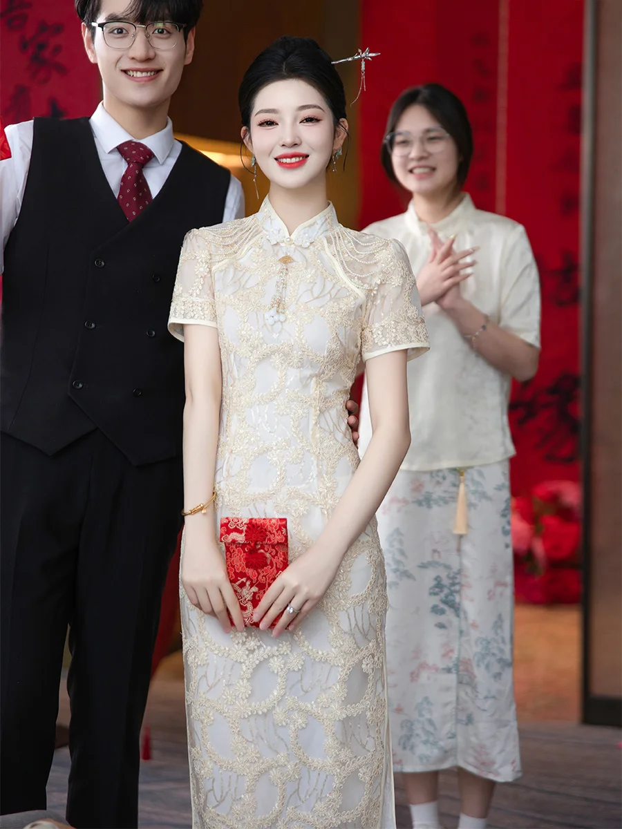 

Ele New Chinese Sle Wedding Dr ort Sve Double Lapel Midi Qipao for Engagement And Wedding Celebration