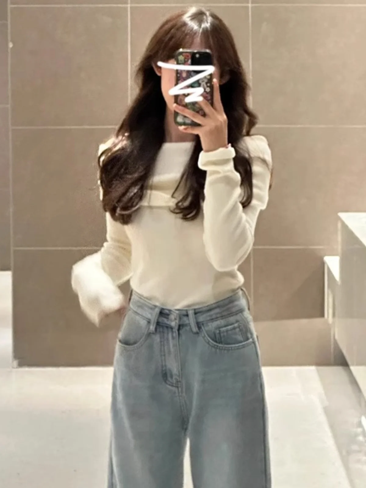 White Shoulder-Bared Knitted Sweater Women's Slim Fit Style Commute Fashion Long Sleeve One-Shoulder Base Shirt Inner Wear