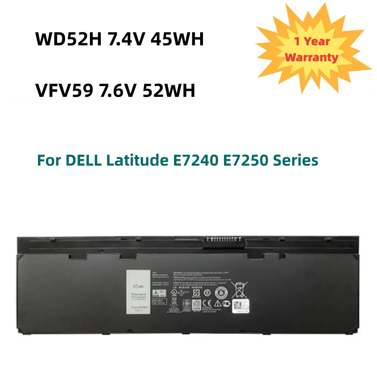 

New WD52H VFV59 45WH 52WH Laptop Battery For DELL Latitude E7240 E7250 Series W57CV 0W57CV GVD76