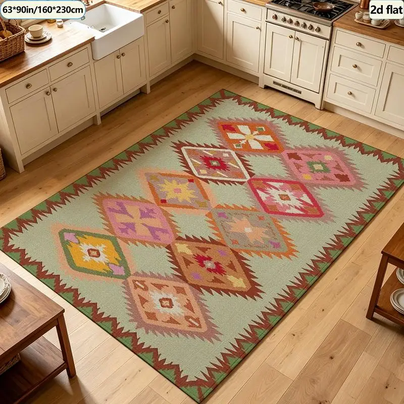 Vintage Kilim Bohemian Style Diamond Geometric Pattern Carpet Non-Slip Carpet Soft Indoor Living Room Bedroom Decorative Floor Mat
