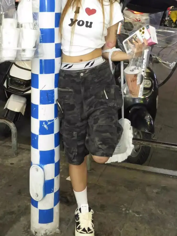 อเมริกันวินเทจฮิปฮอปล้างกางเกงคาร์โก้หญิงฤดูร้อน Hottie หลายกระเป๋ากางเกงครอปเกาหลีแฟชั่นการออกแบบสบายๆกางเกงใหม่