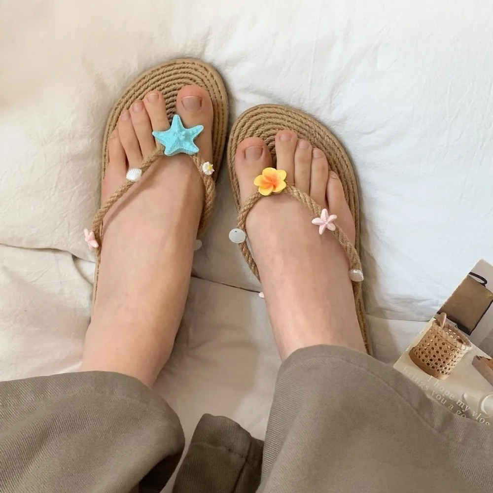 EVA Starfish Flip Flops Women Braided Woven Starfish Flower Y2k Starfish Slippers Beach Vacation Indoor Outdoor image 3