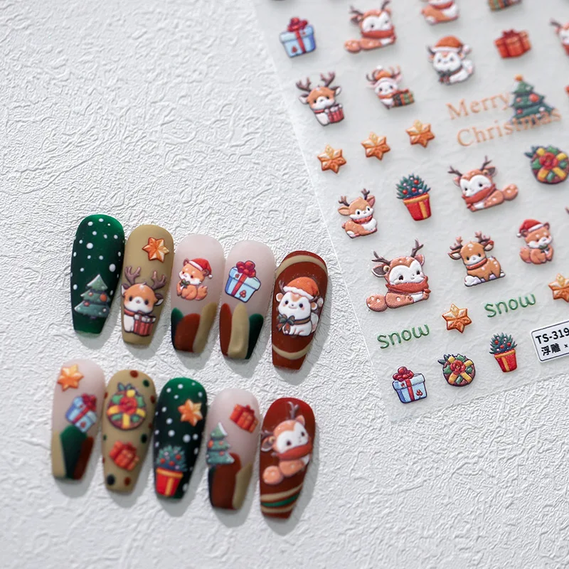 

5D new craft nail sticker high quality cute adhesive sticker three-dimensional design Christmas deer nail art decoration sticker