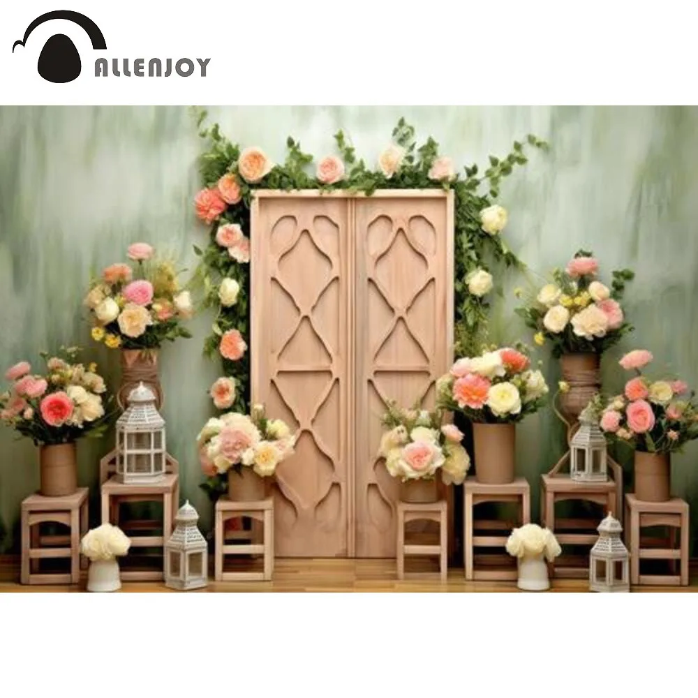 

Allenjoy Spring Boho Flower Wooden Door Photography Backdrop Green Barn Rustic Florals Wall Photo props Background