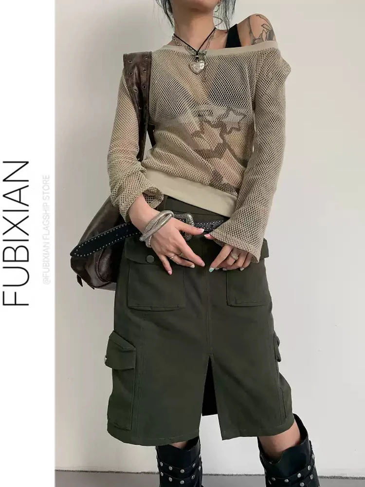 

Summer New High Waist Straight Legged Slit Skirt for Women Retro Multi Pocket Spicy Girl Workwear Skirt Half Body Skirt
