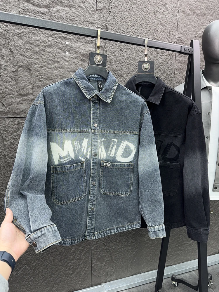 

Svip Sli Мужская повседневная джинсовая куртка с воротником с принтом 3D пошив Весенняя верхняя одежда Stand Fit Long Sve