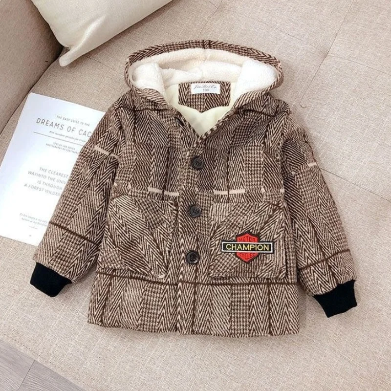 

Boys Woolen Coat Overcoat Jacket Windbreak 2024 Hairy Warm Plus Thicken Autumn Winter Cotton School Children's Clothing