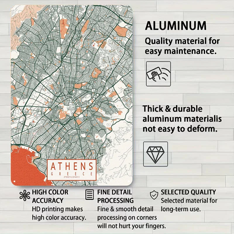أثينا خريطة المدينة اليونان البوهيمي علامات معدنية خريطة ملصق زينة للمنزل عناصر الديكور غرفة نوم جدار الفن الجداريات