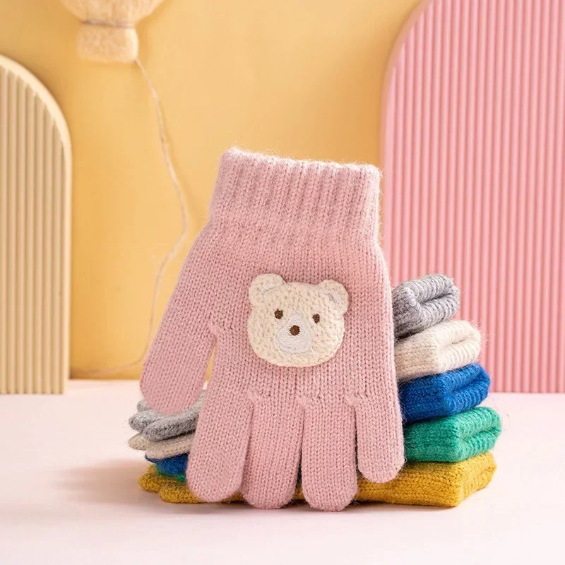 2-5 Years Kids Winter Knitted Bear Gloves Warm Full Finger Toddler Mittens Cute Cartoon Baby Boy Girl Gloves for Cold Weather