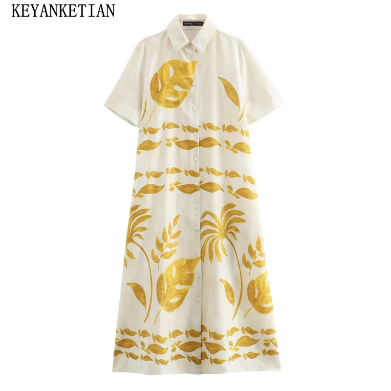 

KEYANKETIAN 2024 New Launch Retro style Leaves Print Loose MIDI Dresses Women's Single Breasted Short Sleeve Loose A Line Dress