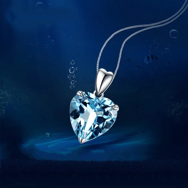 Collar con colgante de corazón de Topacio azul marino de Plata de Ley 925 para mujer, joyería fina, collar de cadena para clavícula, Gargantilla de Prata