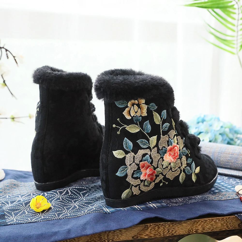 Veowalk 6cm Inside Wedge High Heel Winter Women Cotton Warm Lining Booties Chinese Embroidered Shoes Short Ankle Boots Black