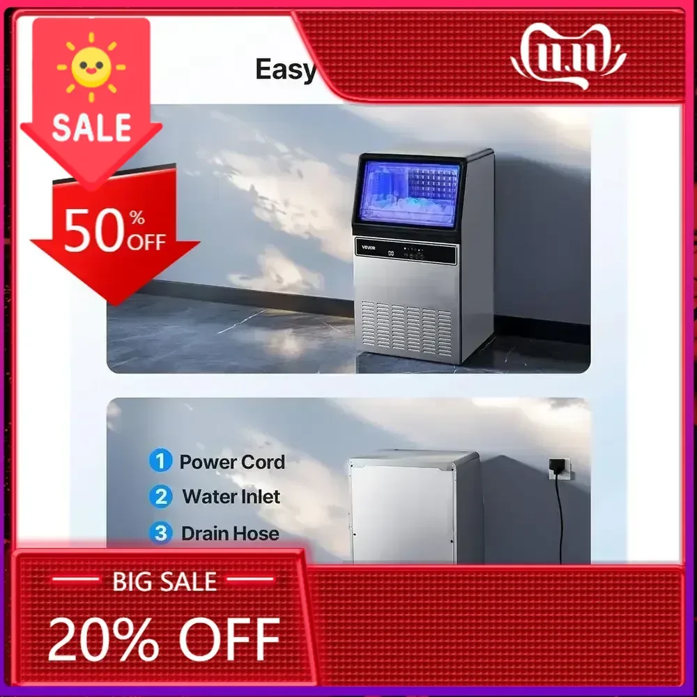 

Лидер продаж: Льдогенератор из нержавеющей стали на 45 кубиков с высокой производительностью (130 фунтов/день), объемом хранения 33 фунта, LED-дисплеем и функцией самоочистки для дома