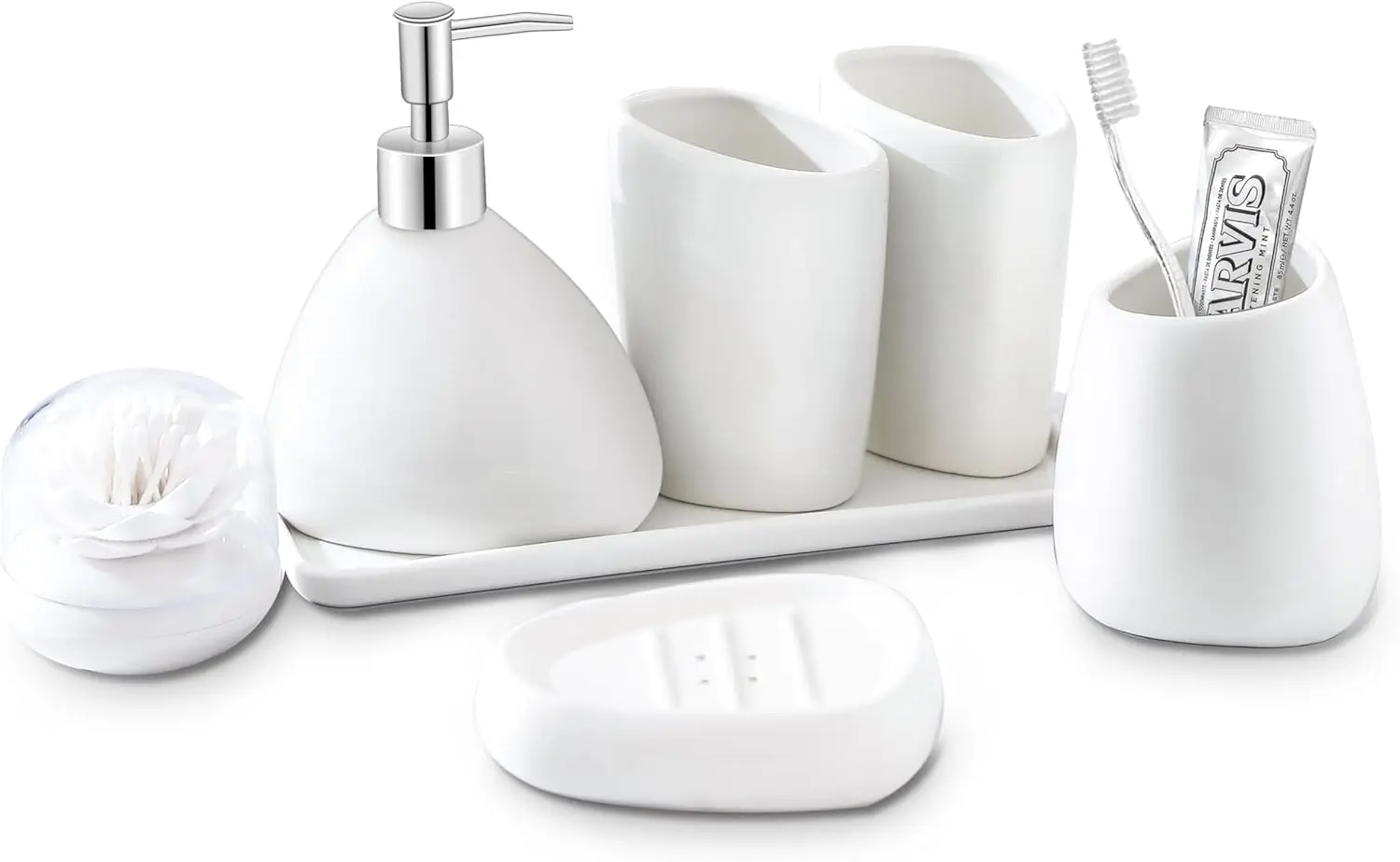 

7-Piece Ceramic Bathroom Set with Soap Dispenser, Toothbrush Holder & Tumbler Cups in White
