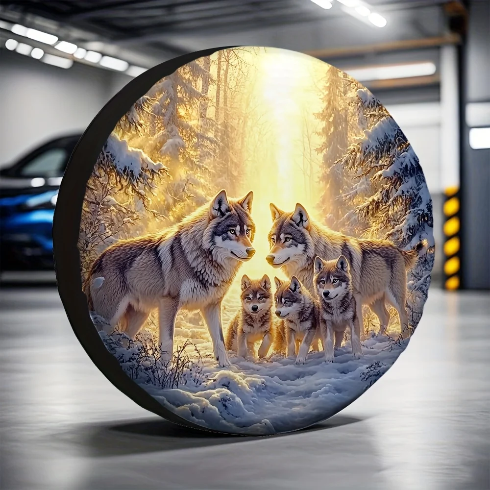 1pc Snow Wolf Forest All-Season Tire Cover Versatile Fabric, Realistic Winter Scene with Howling Wolves Snowy Pine Trees
