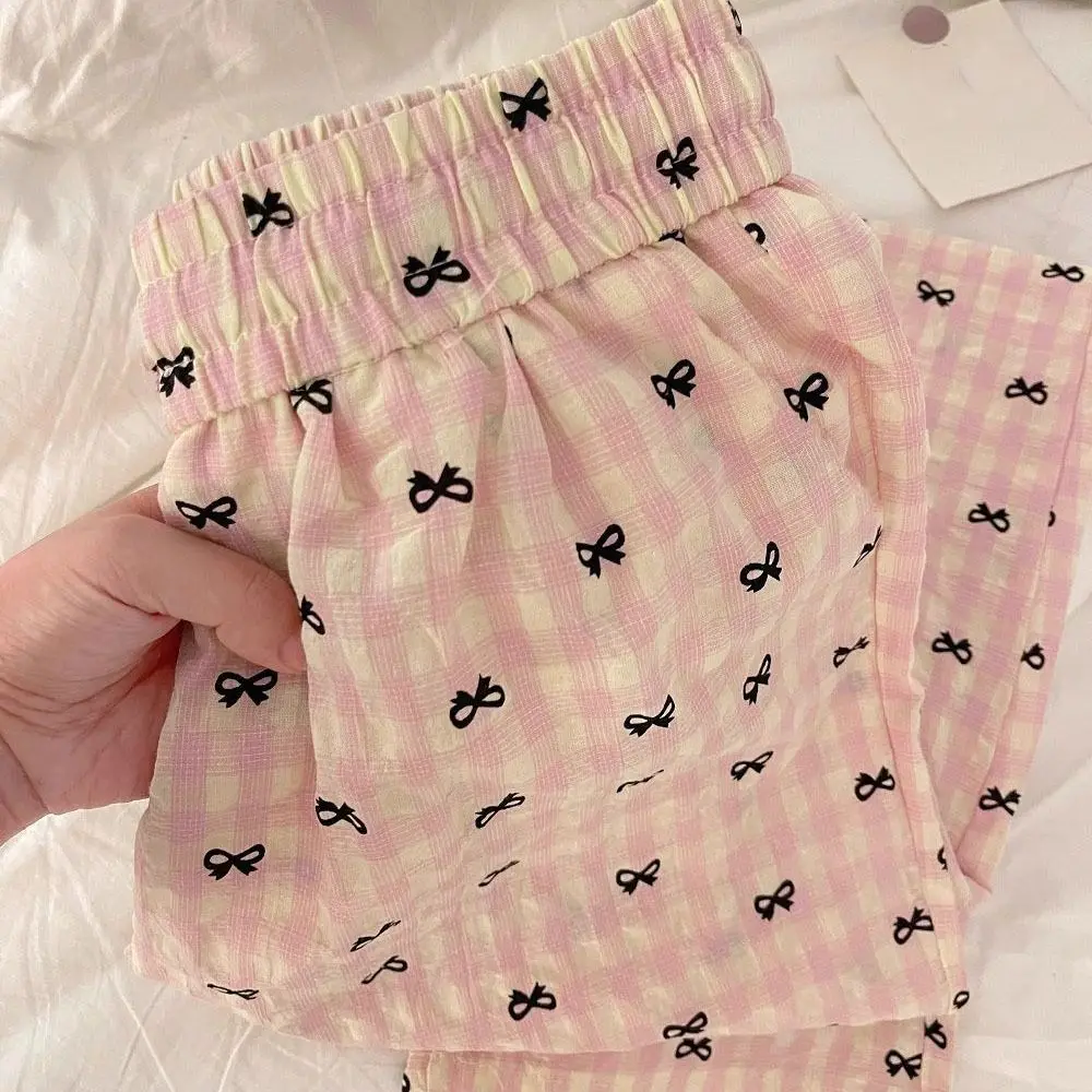 

Fashion Stripe Plaid Bowknot Pajama Pants Sweet Bow Sleepwear Pants Women Thin Homewear Grid Long Pants Spring Autumn