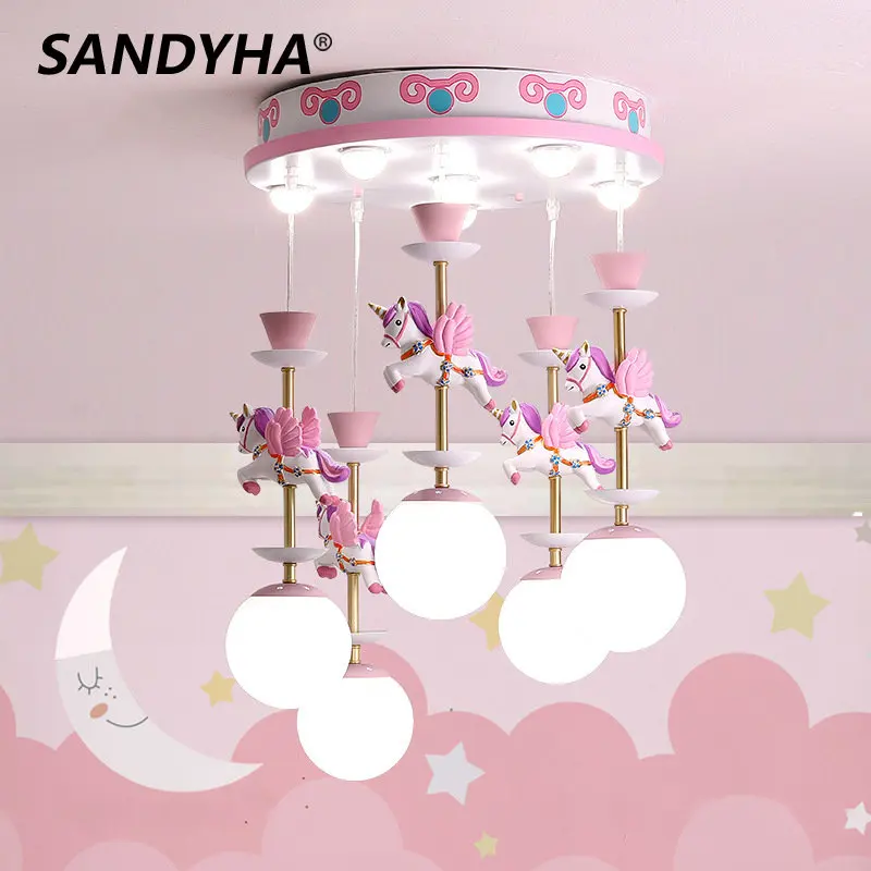 

SANDYHA Nordic Simple Chandelier Boys Girls Bedroom Dreamlike Unicorn Hanging Lamp Creative LED Children's Room Cartoon Lighting