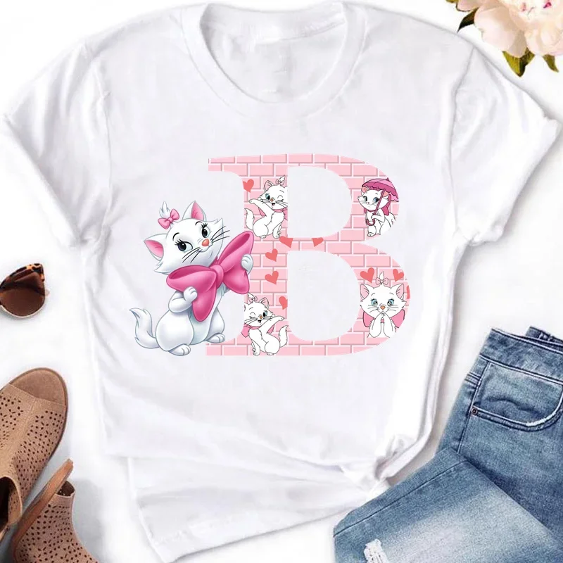 Marie Cat A-Z English Letters Short Sleeve Summer Women The Aristocats Print T Shirt Female Casual Top Tshirts Cartoon T-Shirt