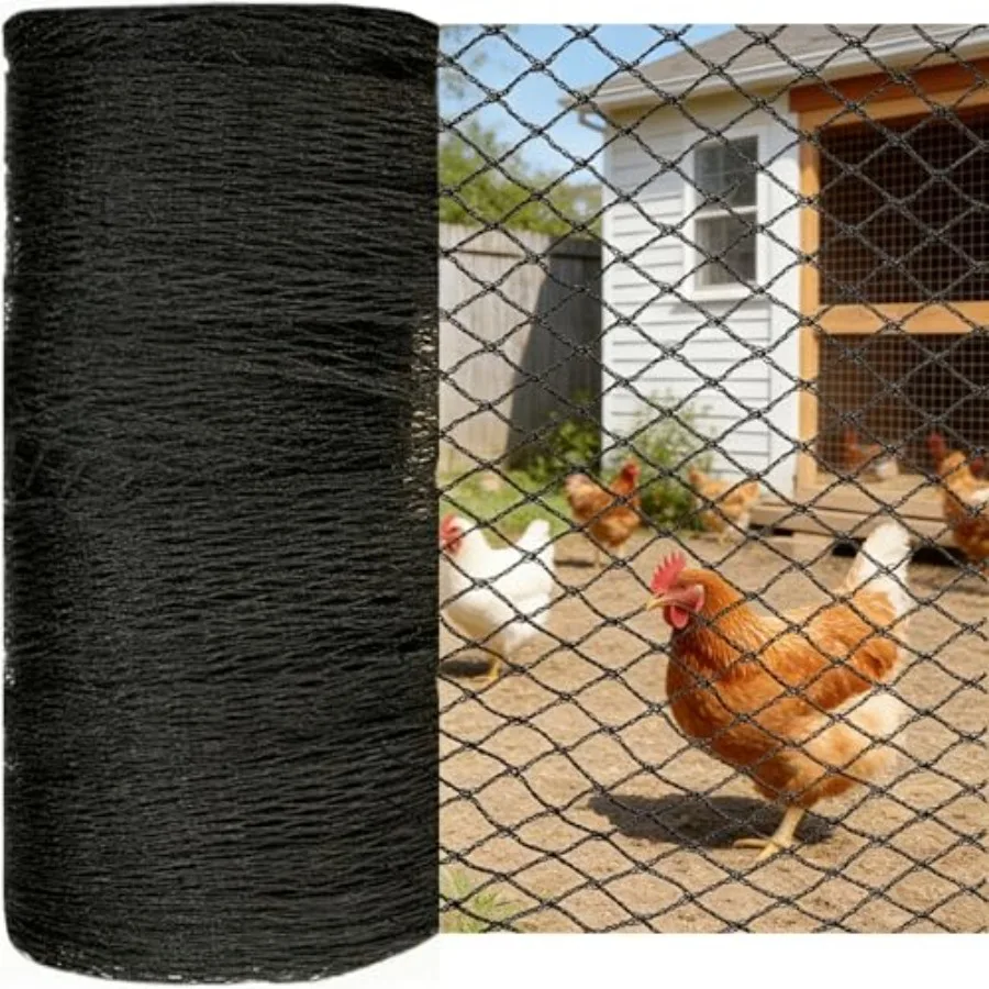 

Chicken coop bird netting 50x100 FT, 1 in mesh, black polyethylene, UV-resistant and tear-proof for hawk, eagle, owl protection