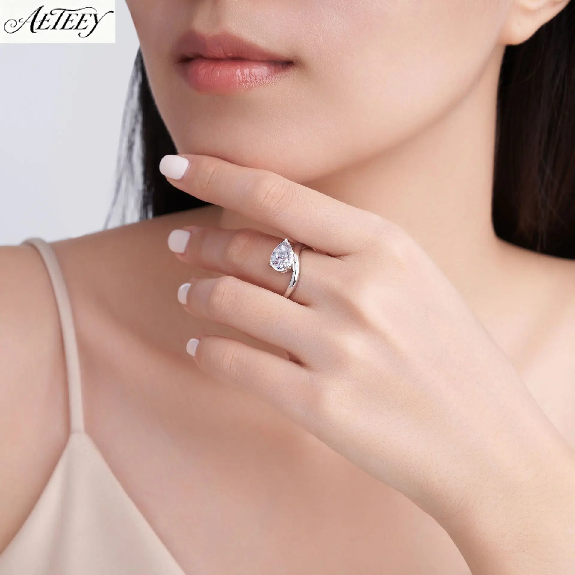 AETEEY S925 Silver Twist Band Pear Shaped Moissanite Ring Light Luxury Elegant Women Daily Finger Jewelry