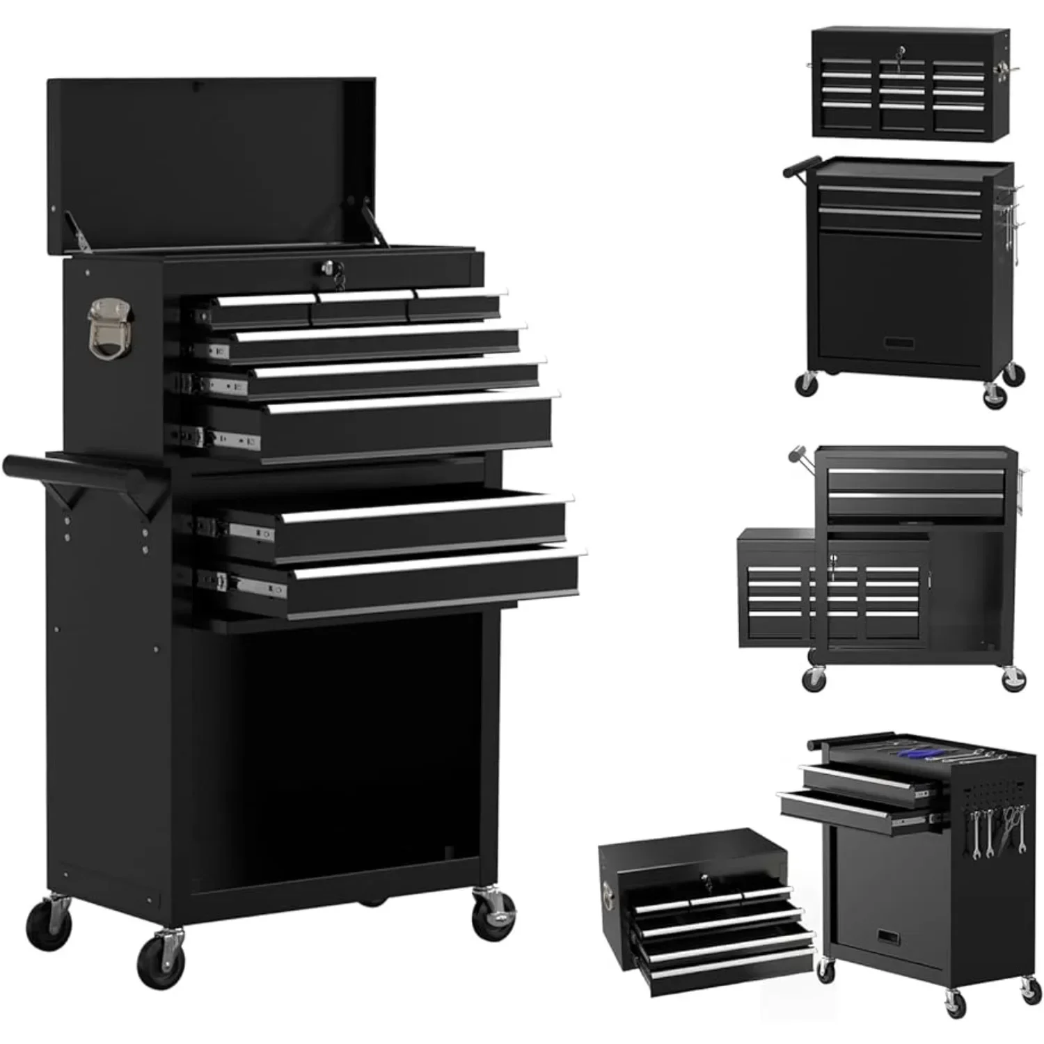 

8 Drawer Rolling Tool Chest Set 2 in 1 Detachable with Wheels and Locking System High Capacity Metal Storage Cabinet Garage